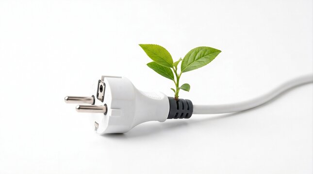 Electrical power plug wrapped with a fresh green plant sprout, symbolizing renewable energy, sustainable technology, green electricity, and environmental innovation.