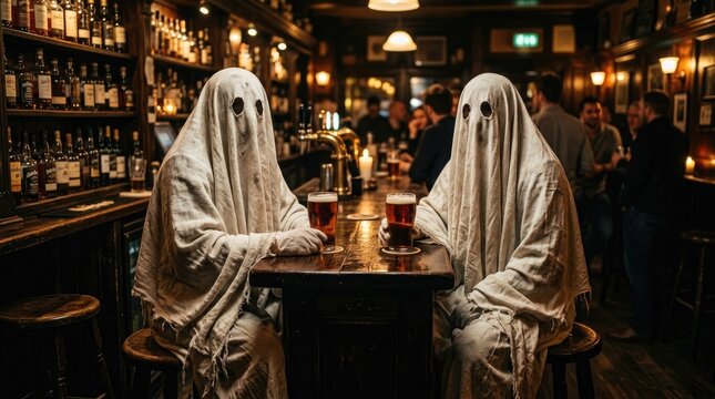 Two ghosts sitting at a bar with blurred bottles in the background