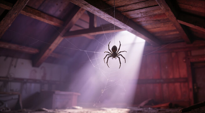 Silhouetted spider in a web under wooden rafters. Narrow beam of light illuminating a dusty attic. Spooky horror concept