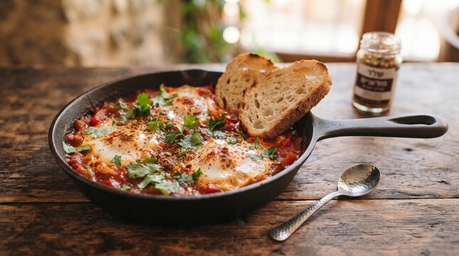 Traditional Middle Eastern Breakfast Shakshuka with Tomato Sauce and Herbs