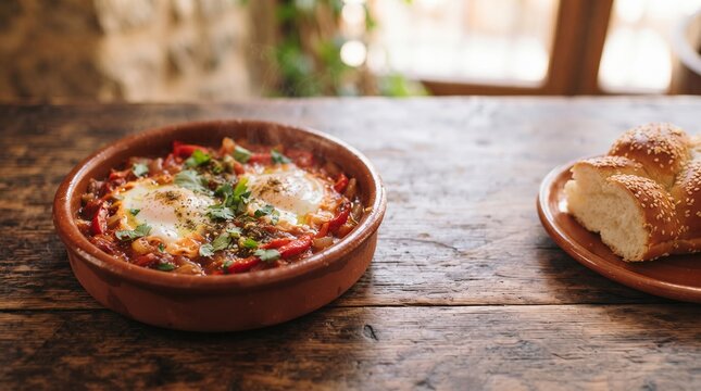 Traditional Middle Eastern Breakfast Shakshuka with Tomato Sauce and Herbs