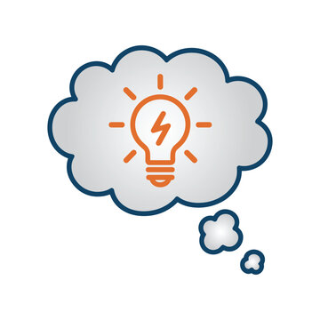 Bright Idea in Thought Bubble. A stylized illustration shows a glowing lightbulb with a lightning bolt inside, representing a brilliant idea or inspiration, within a clean, modern thought bubble.