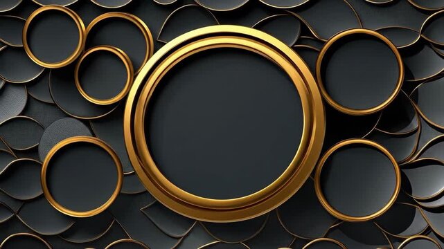 Abstract black and gold circular pattern with overlapping metallic circles