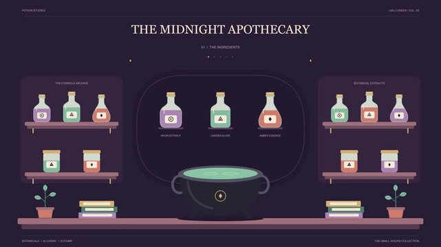 Witchcraft potion brewing cauldron and magical elixir bottles on shelves in spooky ghostly lab