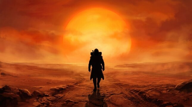 Lone figure walks towards a bright sun in a desolate orange landscape