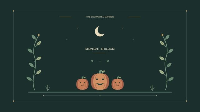 Spooky halloween pumpkins in a mystical witch garden under the glowing crescent moon outside