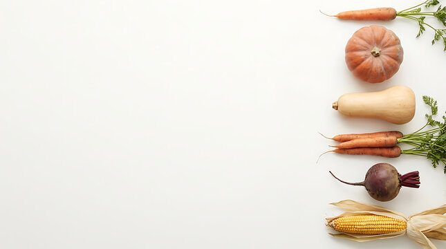 Autumn harvest arrangement with carrots pumpkin butternut squash beet and corn on white background
