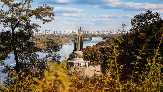 Panorama of Kyiv city, Ukraine, in autumn. View of the Dnieper River