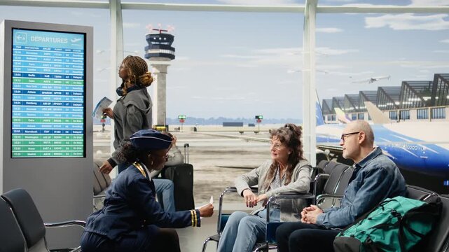 Flight attendant helps a senior woman wheelchair user with flight details and gate information while the couple receives accessibility support, inclusion, and disability-friendly airline service.