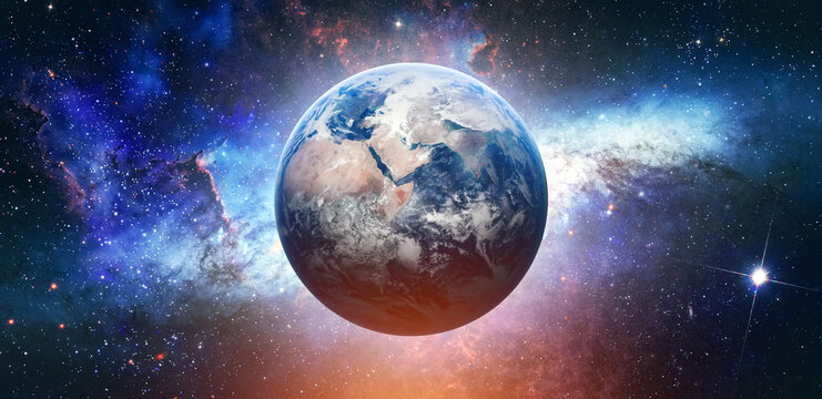 Planet Earth globe in outer space with bright stars and Milky Way galaxy. Sunlight at the dawn of day. Landscape with planet and starry sky. Elements of this image furnished by NASA. Photo collage