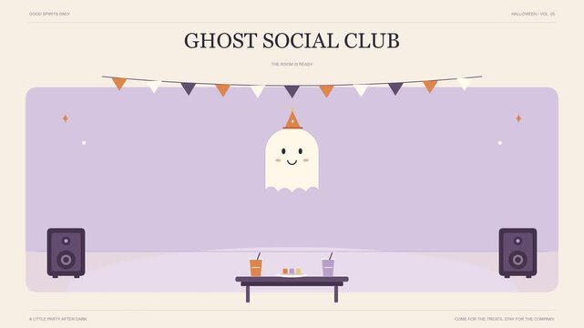 Cute halloween invitation banner with a friendly ghost party celebrating on a purple background