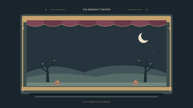 Spooky Lunar Halloween Theater Stage Background with Crescent Moon and Starry Night Sky Vector