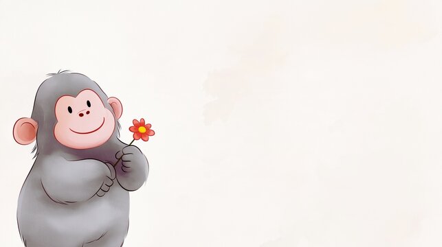 Illustration of a cute gorilla character holding out a red flower (with space for text)