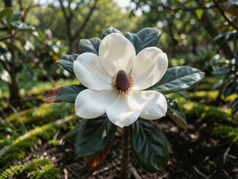 Southern Giant White Magnolia Blossom Blooming in Natural Garden Habitat