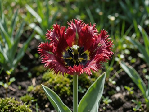 Dutch Flaming Parrot Tulip Flower Blooming in Spring Garden Habitat