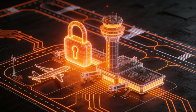 Isometric airport with glowing orange padlock, control tower and runways rendered as holographic wireframes, neon orange circuit lines, dark background, aviation cybersecurity concept