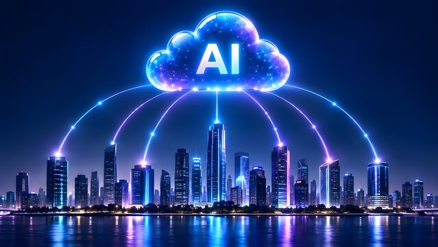 Glowing artificial intelligence cloud connecting to a modern city skyline at night. Concept of smart city technology and global enterprise network.