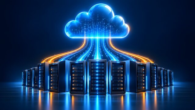 Glowing blue cloud symbol connecting to server racks with bright light streams. Concept of enterprise cloud computing and data center infrastructure.