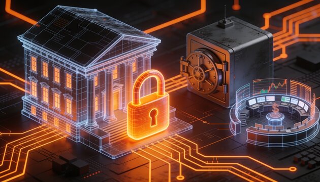 Isometric bank headquarters with glowing orange padlock, vault and trading floor rendered as holographic wireframes, neon orange circuit lines, dark background, financial cybersecurity concept