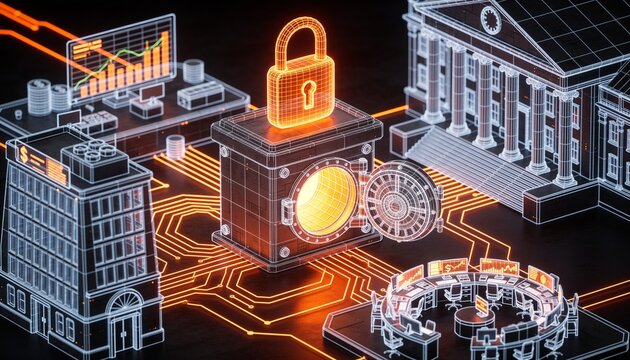 Isometric bank headquarters with glowing orange padlock, vault and trading floor rendered as holographic wireframes, neon orange circuit lines, dark background, financial cybersecurity concept