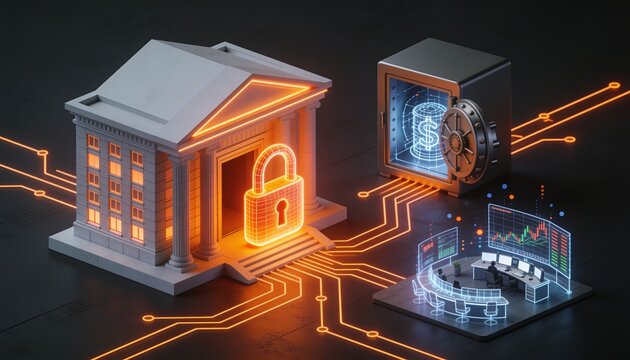 Isometric bank headquarters with glowing orange padlock, vault and trading floor rendered as holographic wireframes, neon orange circuit lines, dark background, financial cybersecurity concept
