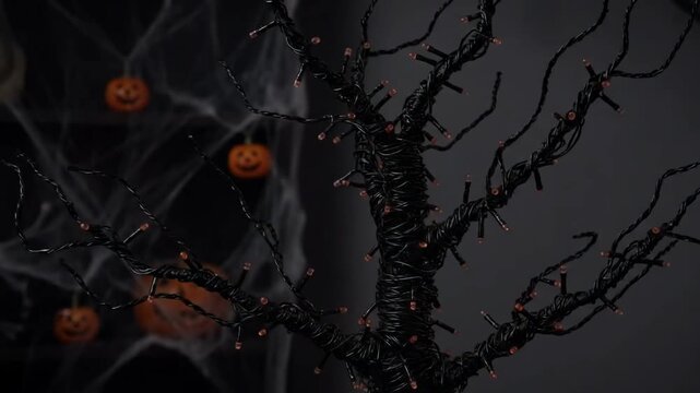 Spooky halloween holiday party decorations featuring a dark bare tree wrapped in string lights and hanging pumpkin lanterns with spiderwebs