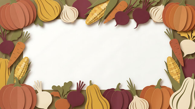 Paper cut autumn harvest vegetables frame with pumpkins carrots and beets on a white background