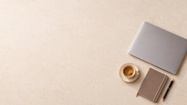 Minimal Workspace with Laptop, Notebook and Espresso