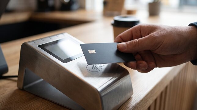 Close up of a person making a contactless payment with a credit card at a cafe counter.