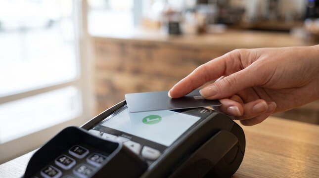 Close up of hand tapping credit card on contactless payment terminal at checkout counter.