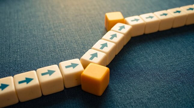 Row of white blocks with arrows showing a change in direction on a blue surface