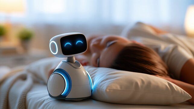 Futuristic robot companion observing a child sleeping peacefully in bed, symbolizing AI and smart home technology