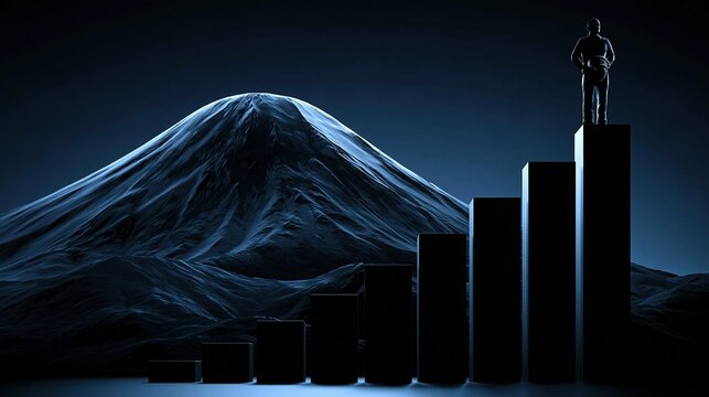 Silhouette of determined businessman standing on top bar graph, symbolizing achievement and success against a mountainous backdrop