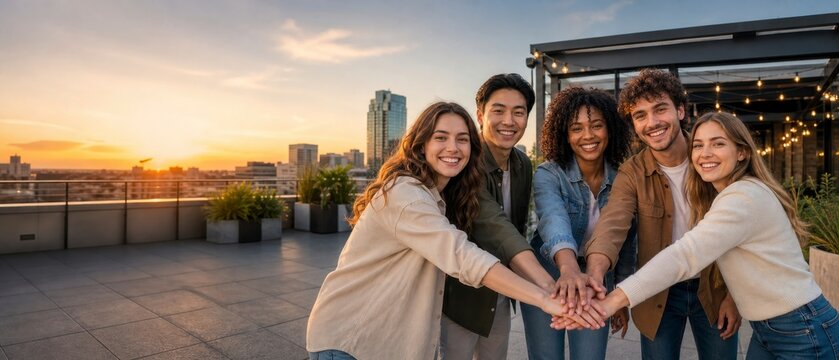 Diverse group of young friends stacking hands together on a city rooftop at sunset