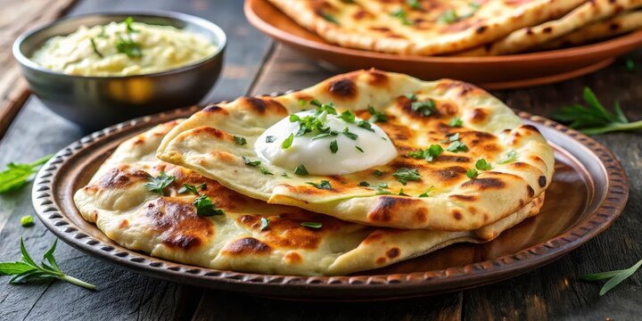 Close-up shot of a single serving of traditional Indian tandoori naan bread on a plate, topped with melted butter and served alongside a dollop of raita, food presentation, indian flatbread