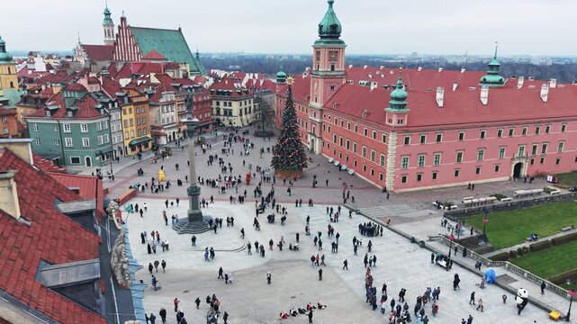 Warsaw Old Town Square Christmas Aerial: Royal Castle, Sigismund Column
