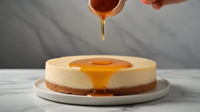 Premium macadamia cheesecake, placed on a white marble table, object perfectly still with no movement, soft daylight from the side