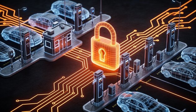 Isometric EV charging hub with glowing orange padlock, charging stations and parked cars rendered as holographic wireframes, neon orange circuit lines, dark background, e-mobility cybersecurity