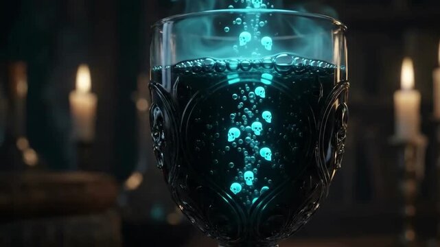 Mysterious glowing blue potion in an ornate gothic chalice with magical bubbles and candles for a spooky Halloween celebration atmosphere