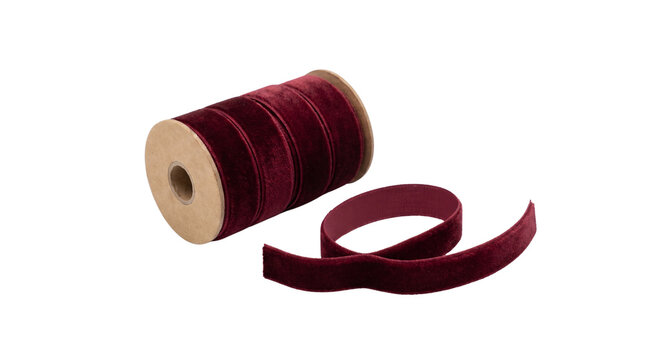 Burgundy velvet ribbon spool isolated on transparent background png