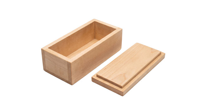 open empty rectangular light wooden box and lid isolated on transparent background png