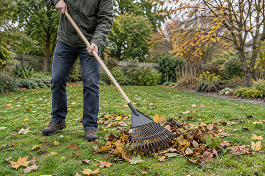 Person raking fallen autumn leaves from a residential lawn during seasonal garden cleanup and home maintenance