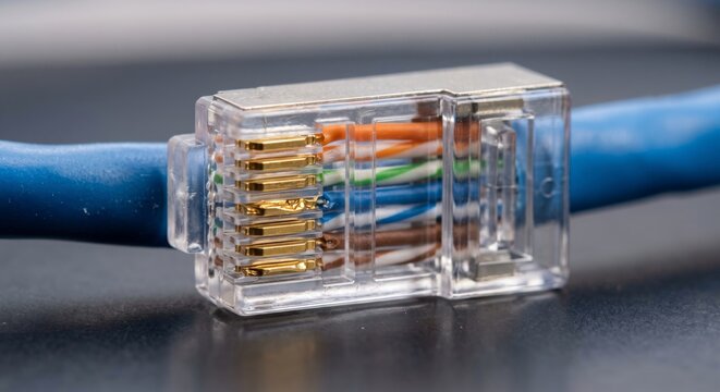 RJ45 ethernet connector close-up showing gold plated pins and internal wiring structure for network cables