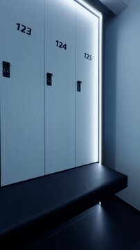 Modern locker room with numbered storage cabinets, illuminated panel edges, and dark bench seating