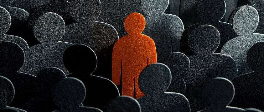 One Standing Out Orange Figure Among Many Gray Silhouettes Representing Individuality and Uniqueness