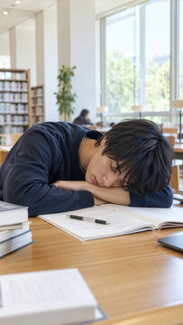 図書館で勉強中に机に突っ伏して居眠りしてしまう男子学生