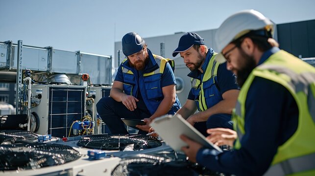 Team of HVAC technicians inspecting industrial air conditioning units on a rooftop, discussing plans on a tablet.