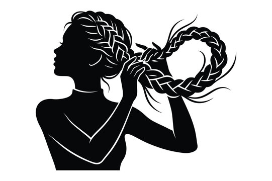 Silhouette of a woman braiding her hair with braiding hairstyle silhouette