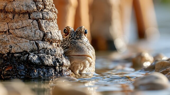 Close-up of a curious mudskipper fish peeking from behind a weathered wooden post in shallow water