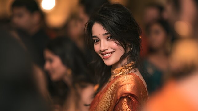 Beautiful young Indian woman in traditional orange silk sari smiling warmly at a social gathering
